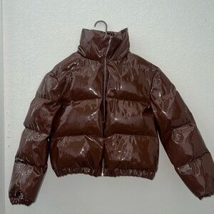 Faux patent brown, color, Puffer Jacket
